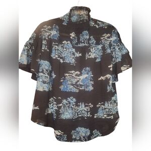 Ann Taylor Black and Blue Scenic Print Blouse